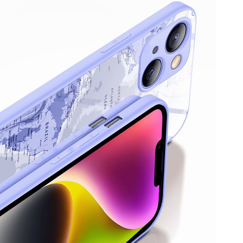 Etui do iPhone 13, szklany tył, osłona kamery, mapa świata, fioletowe (5)
