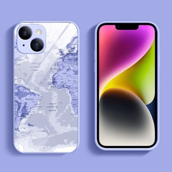 Etui do iPhone 13, szklany tył, osłona kamery, mapa świata, fioletowe (6)