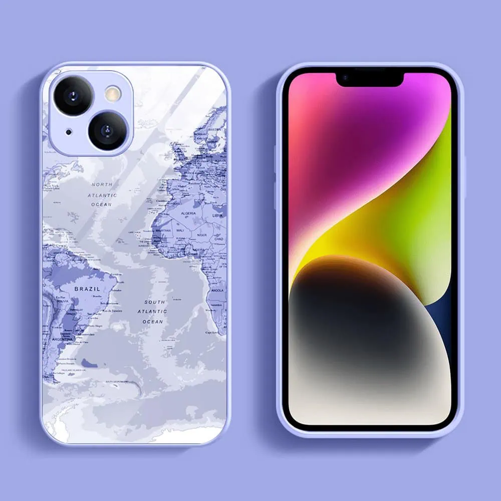 Etui do iPhone 13, szklany tył, osłona kamery, mapa świata, fioletowe (6)