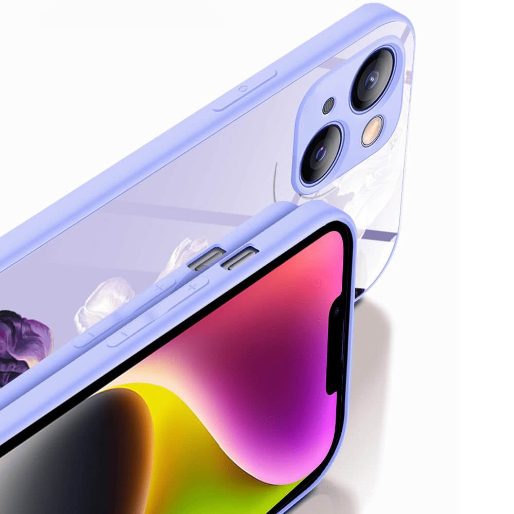 Etui do iPhone 13, szklany tył, osłona kamery, purpurowa harmonia kwiatów, fioletowe (1)