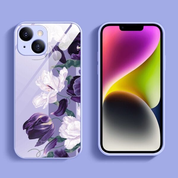Etui do iPhone 13, szklany tył, osłona kamery, purpurowa harmonia kwiatów, fioletowe (3)