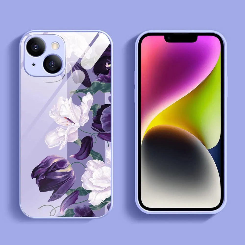 Etui do iPhone 13, szklany tył, osłona kamery, purpurowa harmonia kwiatów, fioletowe (3)
