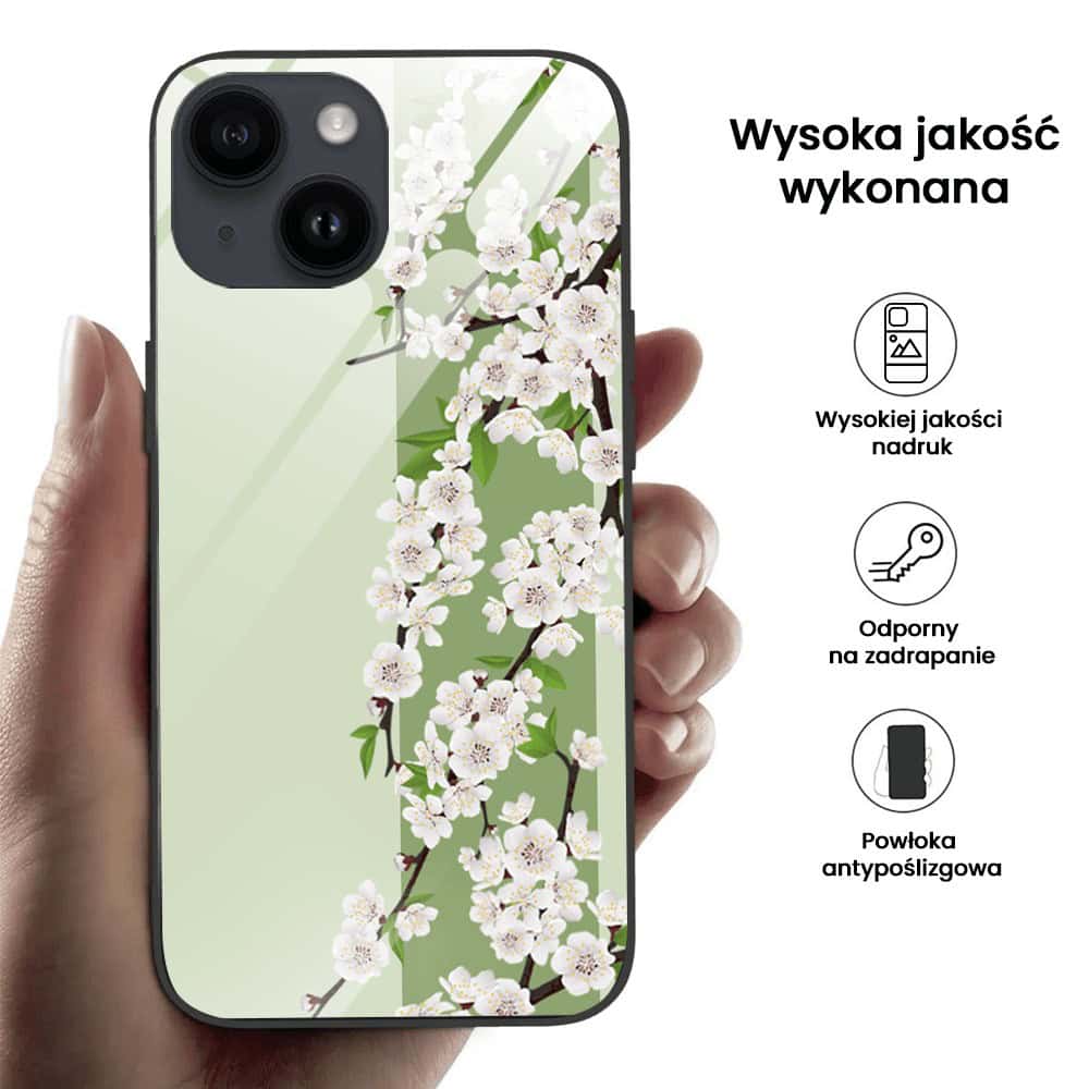 Etui do iPhone 13, szklany tył, romantyczny bez, czarne (4)