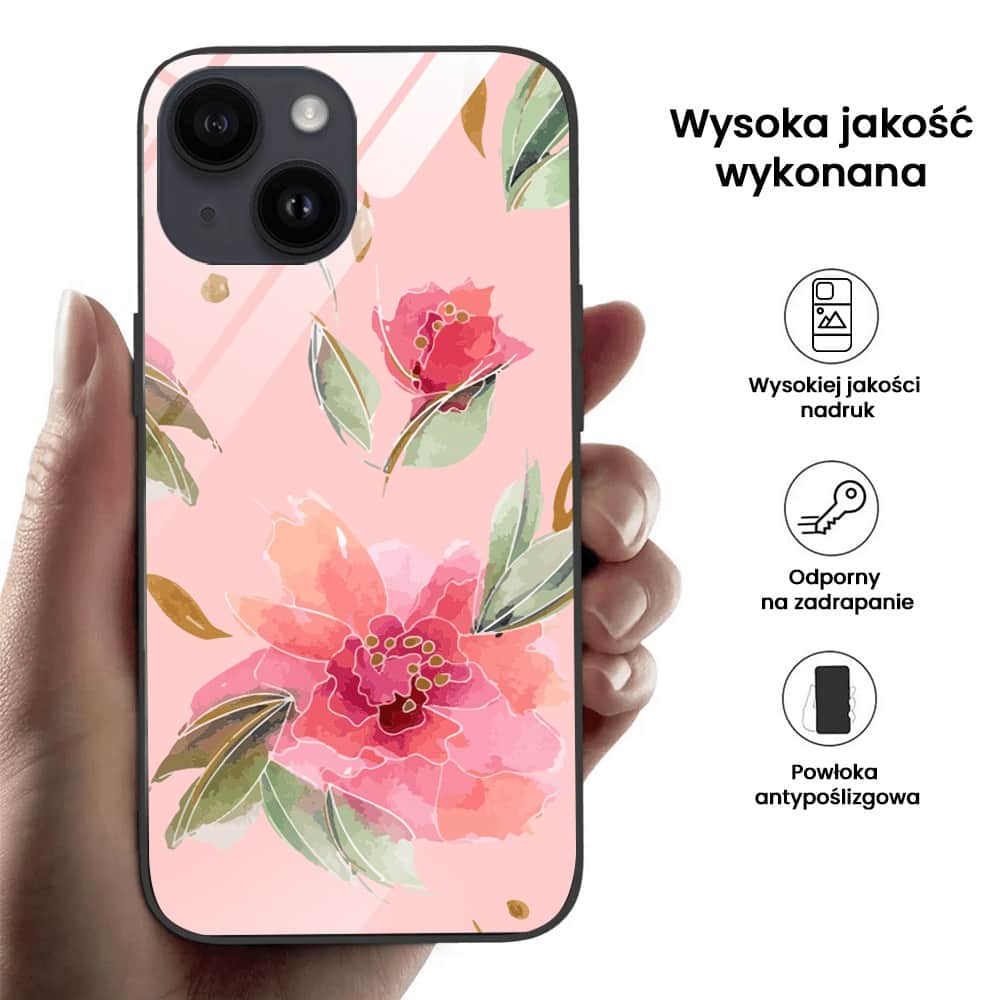 Etui do iPhone 13, szklany tył, różowa wiosna, czarne (4)