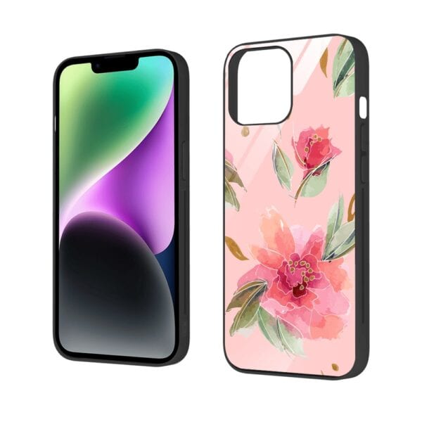 Etui do iPhone 13, szklany tył, różowa wiosna, czarne (5)