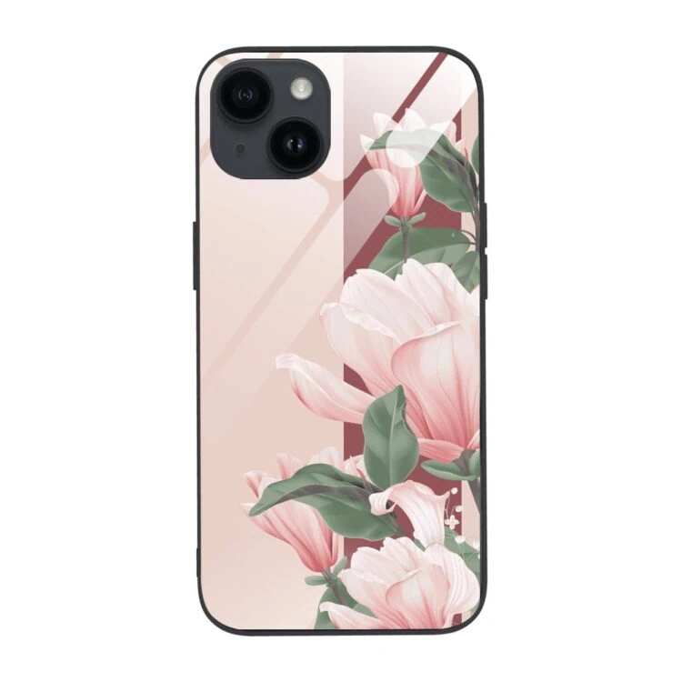 Etui do iPhone 13, szklany tył, subtelne róże, czarne (1)