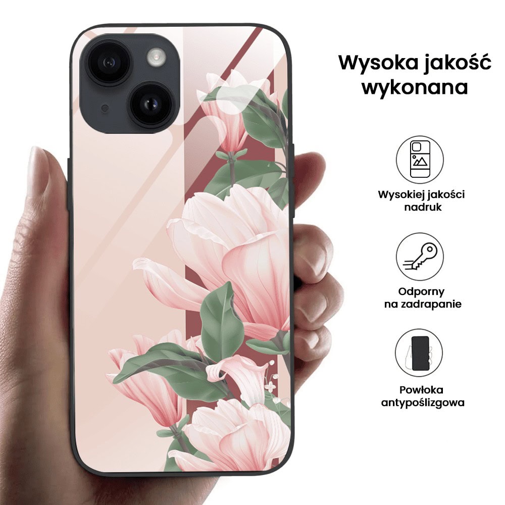 Etui do iPhone 13, szklany tył, subtelne róże, czarne (4)