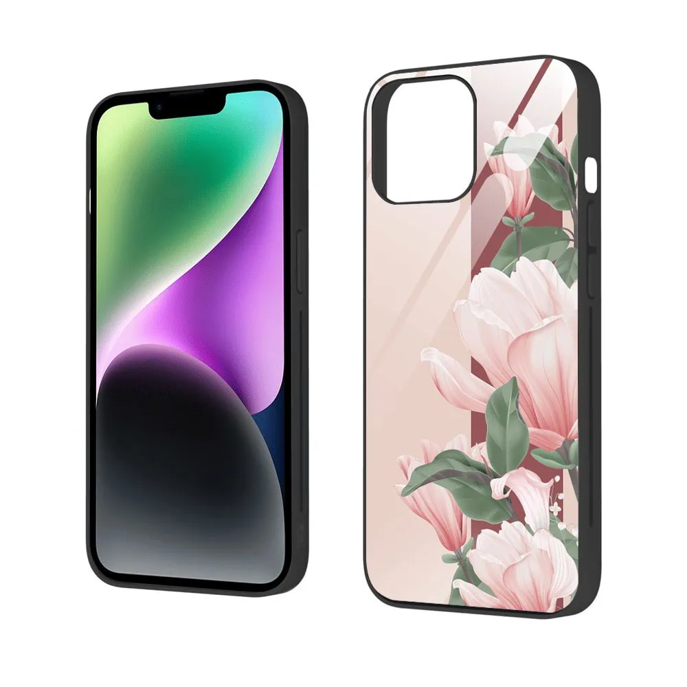 Etui do iPhone 13, szklany tył, subtelne róże, czarne (5)