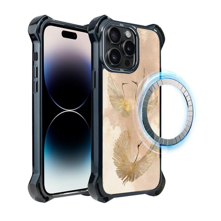 Etui do iPhone 14 Pro, Ibizu DropGuard Ultra z MagSafe, Boho, Złote żurawie (7)