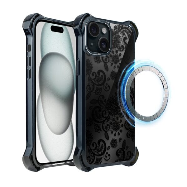 Etui do iPhone 15, Ibizu DropGuard Ultra z MagSafe, Midnight, Koronkowa czerń (3)