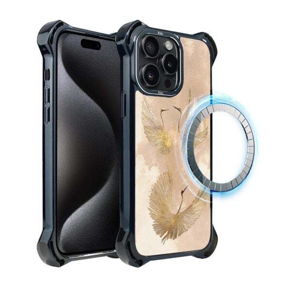 Etui do iPhone 15 Pro, Ibizu DropGuard Ultra z MagSafe, Boho, Złote żurawie (7)