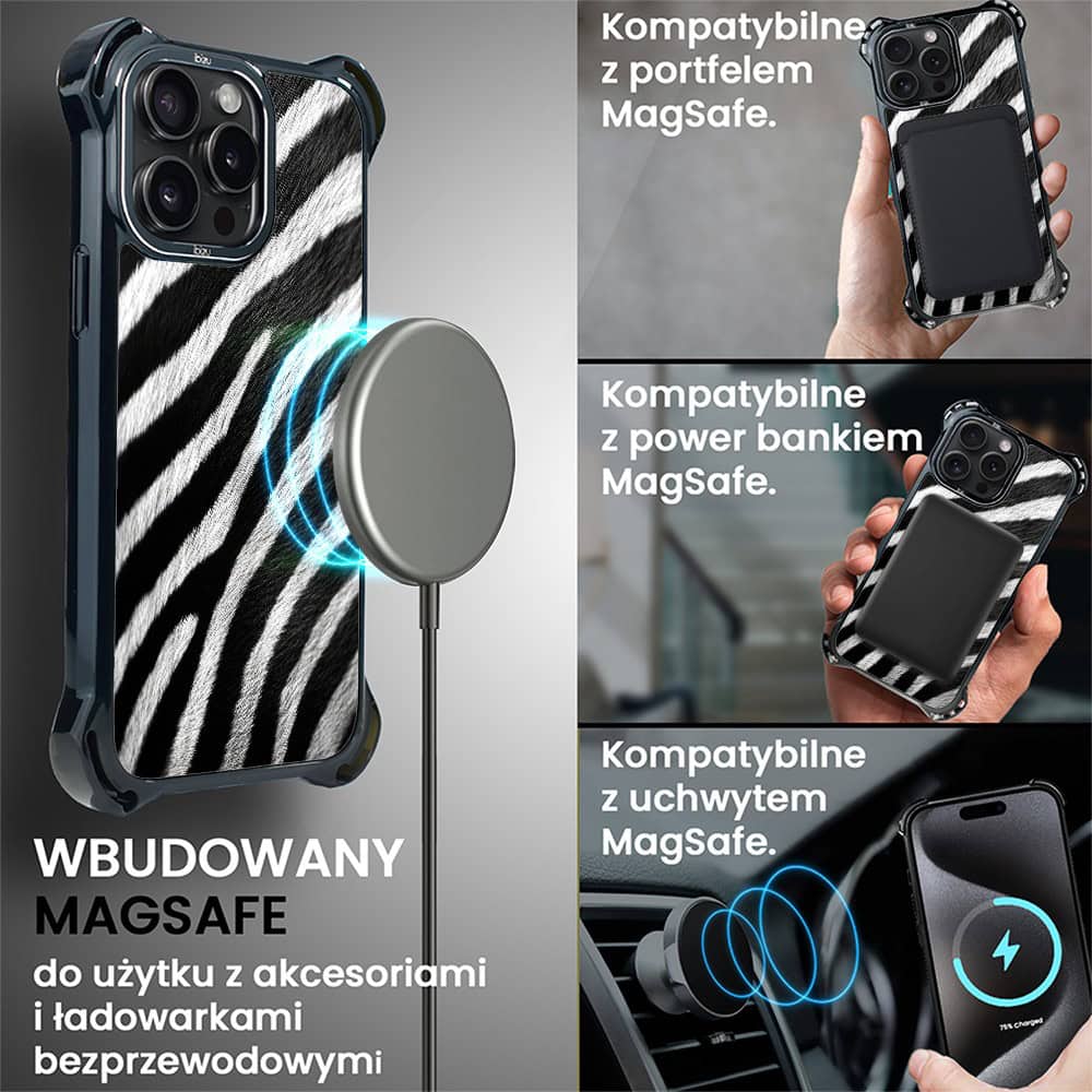 Etui do iPhone 15 Pro Max, Ibizu DropGuard Ultra z MagSafe, Zew Natury, Zebra (7)