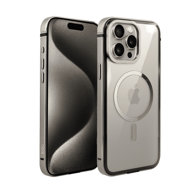Etui do iPhone 15 Pro Max Ibizu Elite Skin z MagSafe, krystalicznie czyste z metalową ramką, tytanowe (2)