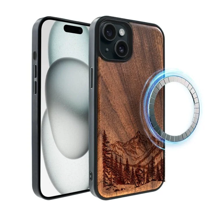 Etui do iPhone 15, WoodCraft, drewniane z MagSafe, Górska eskapada MTB (4)