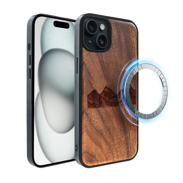 Etui do iPhone 15, WoodCraft, drewniane z MagSafe, Górski horyzont (4)