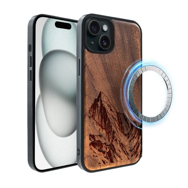 Etui do iPhone 15, WoodCraft, drewniane z MagSafe, Górski szczyt (4)