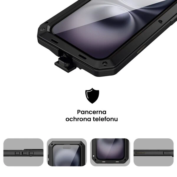 Etui do iPhone 16 Panzer Max, metalowa, skręcana, pancerna obudowa przód+tył, czarne (3)