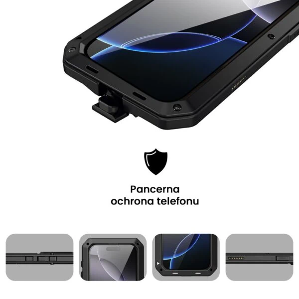 Etui do iPhone 16 Pro Max Panzer Max, metalowa, skręcana, pancerna obudowa przód+tył, czarne przyciski