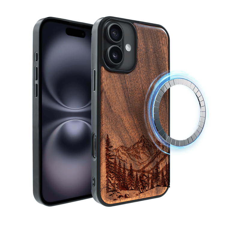 Etui do iPhone 16, WoodCraft, drewniane z MagSafe, Górska eskapada MTB (4)