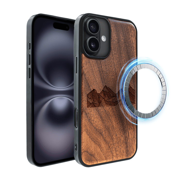 Etui do iPhone 16, WoodCraft, drewniane z MagSafe, Górski horyzont (4)