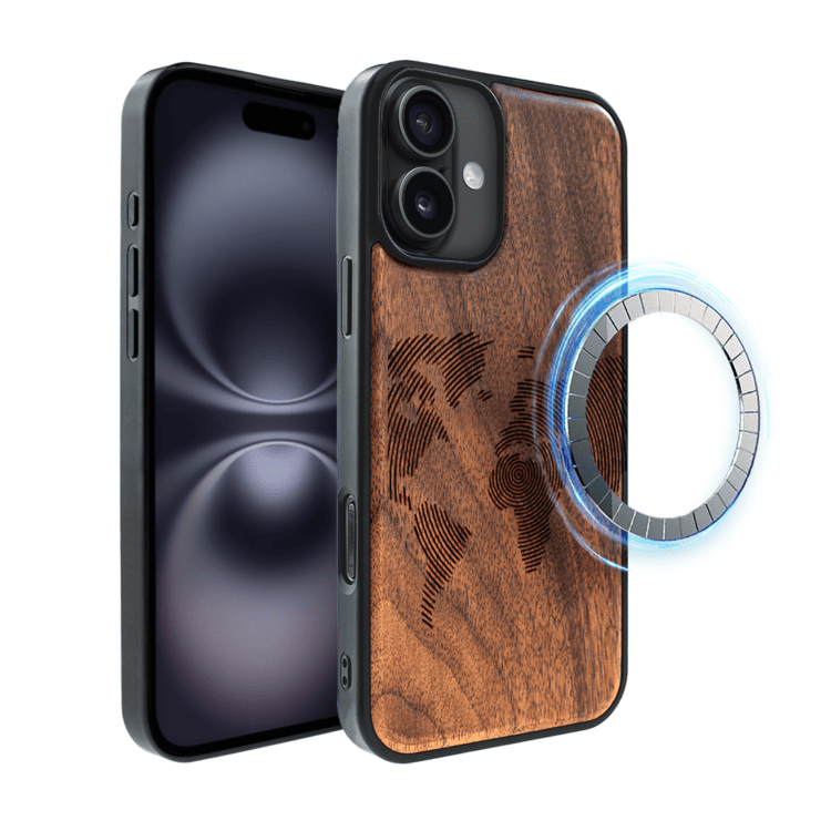 Etui do iPhone 16, WoodCraft, drewniane z MagSafe, Mapa świata (4)