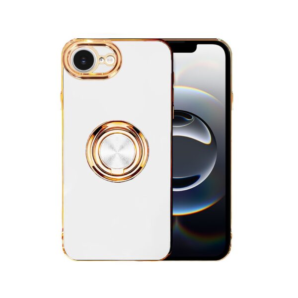 Etui do iPhone 16e eleganckie, ze złotym, metalowym uchwytem i zdobieniami, białe (1)