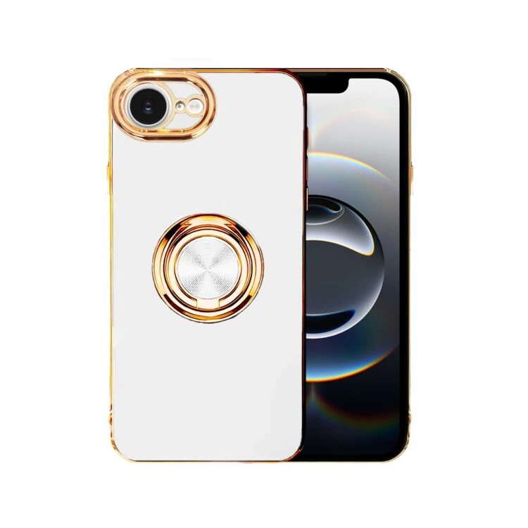 Etui do iPhone 16e eleganckie, ze złotym, metalowym uchwytem i zdobieniami, białe (1)