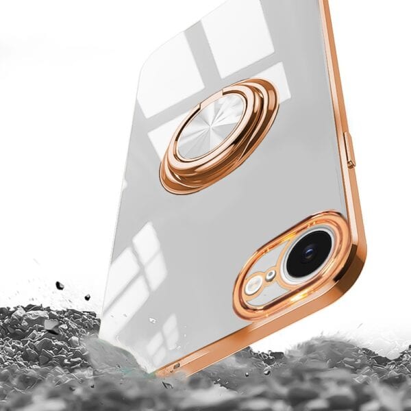 Etui do iPhone 16e eleganckie, ze złotym, metalowym uchwytem i zdobieniami, białe (5)