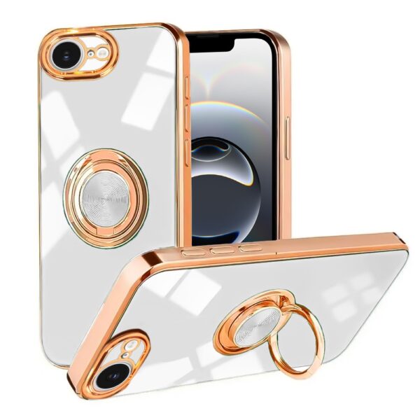 Etui do iPhone 16e eleganckie, ze złotym, metalowym uchwytem i zdobieniami, białe (7)