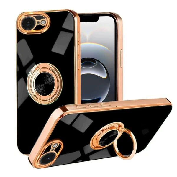 Etui do iPhone 16e eleganckie, ze złotym, metalowym uchwytem i zdobieniami, czarny (1)