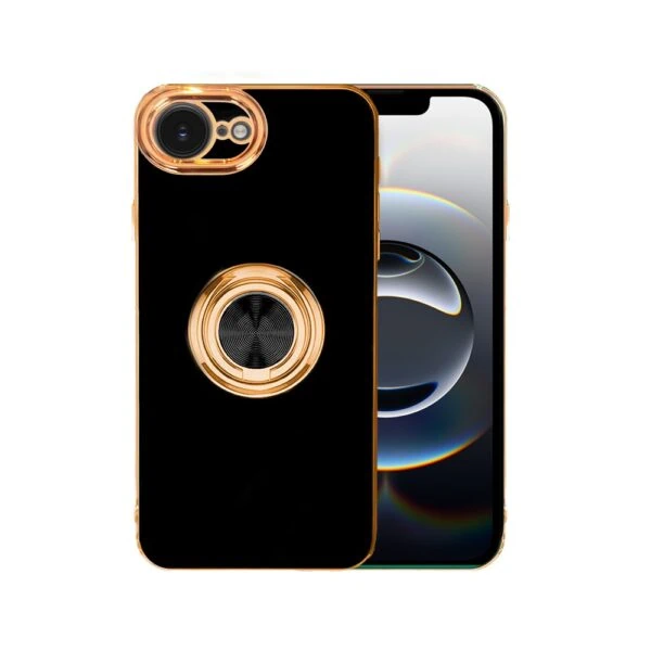 Etui do iPhone 16e eleganckie, ze złotym, metalowym uchwytem i zdobieniami, czarny (2)