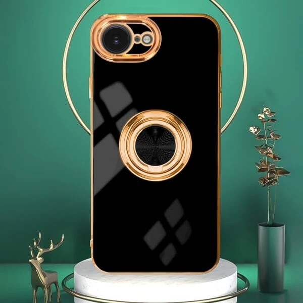 Etui do iPhone 16e eleganckie, ze złotym, metalowym uchwytem i zdobieniami, czarny (7)