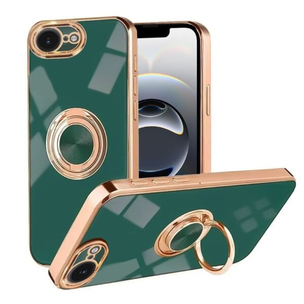 Etui do iPhone 16e eleganckie, ze złotym, metalowym uchwytem i zdobieniami, zielone (1)