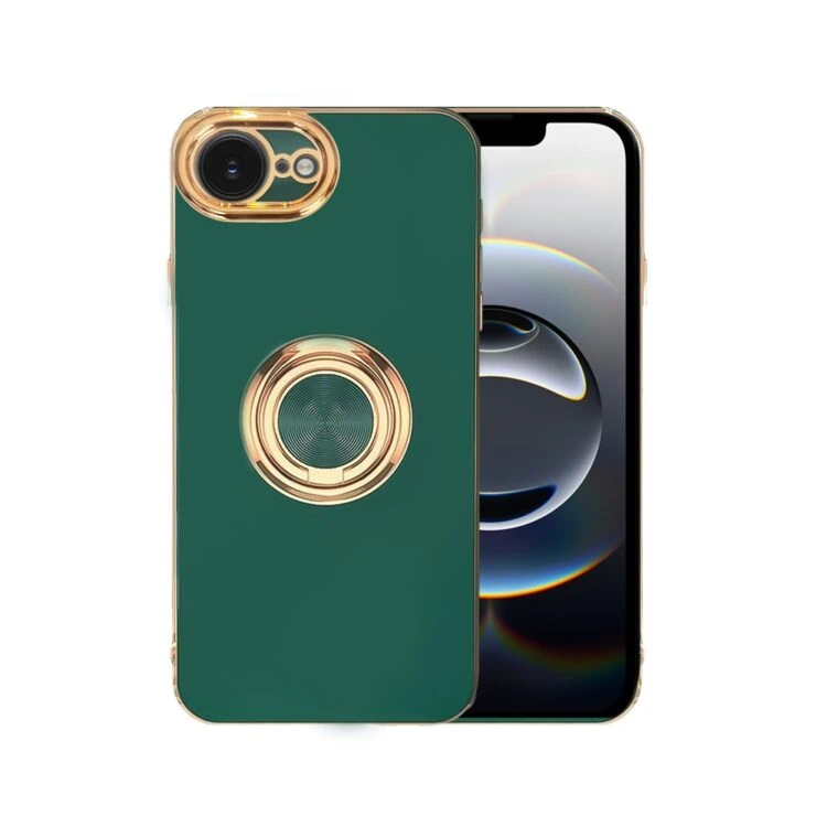 Etui do iPhone 16e eleganckie, ze złotym, metalowym uchwytem i zdobieniami, zielone (2)