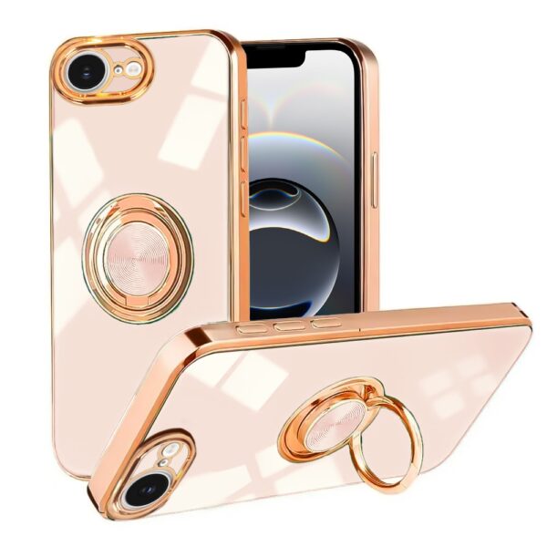 Etui do iPhone 16e eleganckie, ze złotym, metalowym uchwytem i zdobieniami, złoty róż (7)
