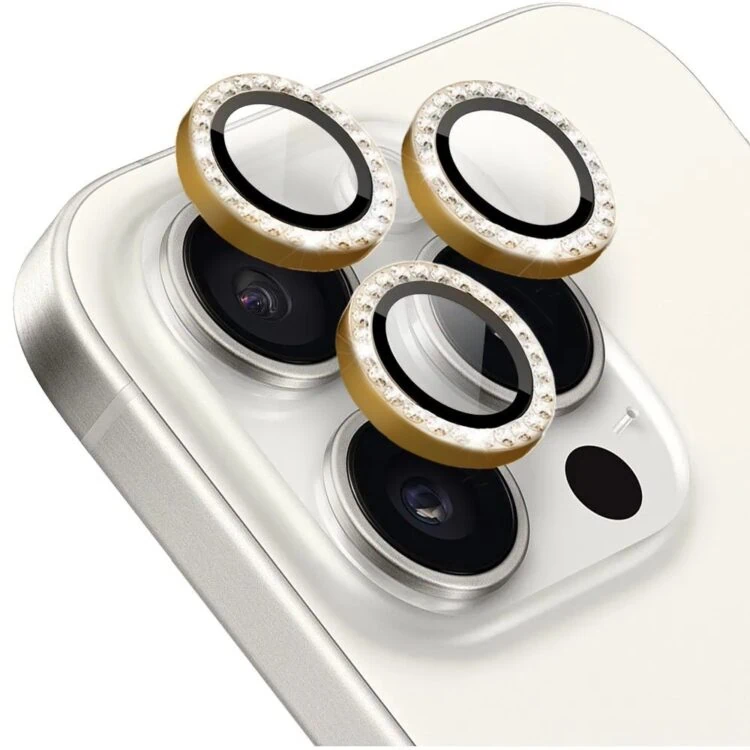 Luksusowa diamentowa osłona obiektywów, matowa, szkło na aparat iPhone 16 Pro, złota (1)