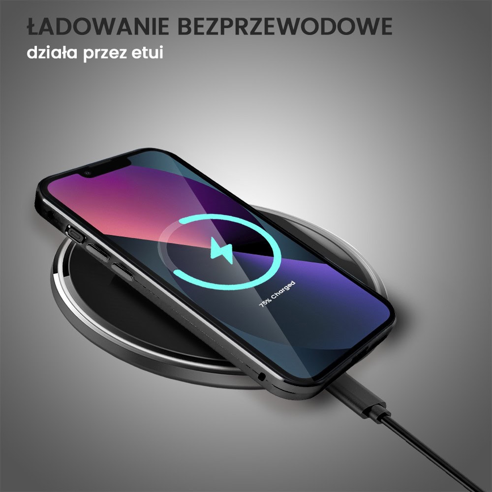 Obudowa do iPhone 13 podwójna szyba i polerowane aluminium 360° magnetyczna, z osłoną aparatu, czarna (1)