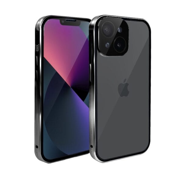Obudowa do iPhone 13 podwójna szyba i polerowane aluminium 360° magnetyczna, z osłoną aparatu, czarna (2)