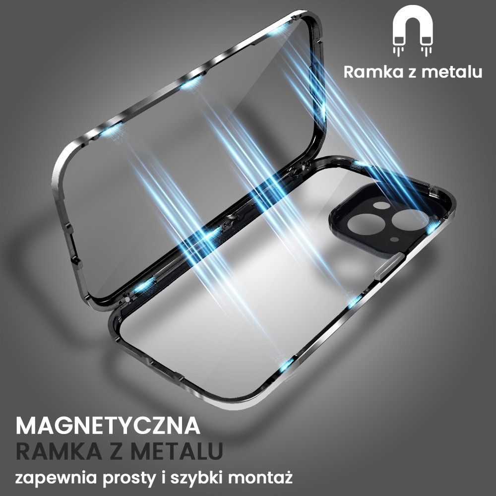 Obudowa do iPhone 13 podwójna szyba i polerowane aluminium 360° magnetyczna, z osłoną aparatu, czarna (3)