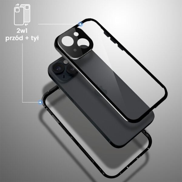 Obudowa do iPhone 13 podwójna szyba i polerowane aluminium 360° magnetyczna, z osłoną aparatu, czarna (4)