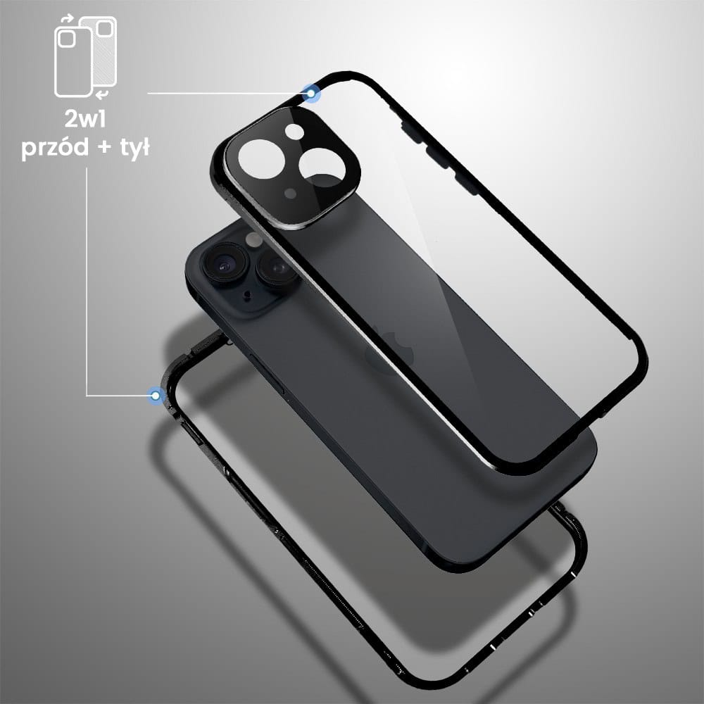 Obudowa do iPhone 13 podwójna szyba i polerowane aluminium 360° magnetyczna, z osłoną aparatu, czarna (4)