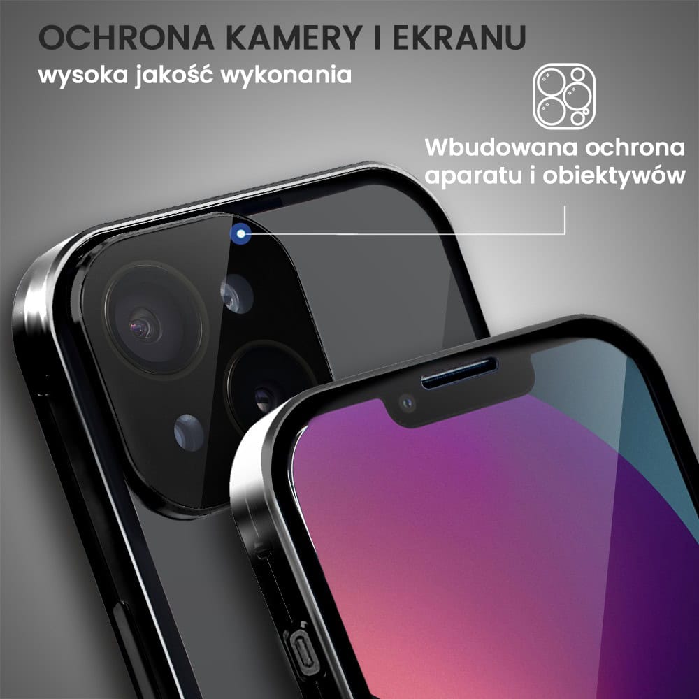 Obudowa do iPhone 13 podwójna szyba i polerowane aluminium 360° magnetyczna, z osłoną aparatu, czarna (6)