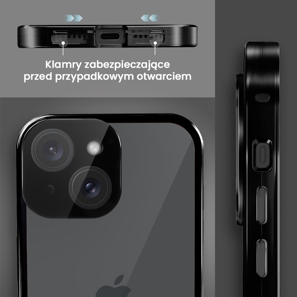 Obudowa do iPhone 13 podwójna szyba i polerowane aluminium 360° magnetyczna, z osłoną aparatu, czarna (7)