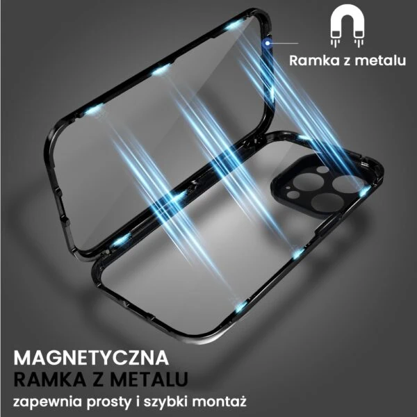 Obudowa do iPhone 14 Pro Max podwójna szyba i polerowane aluminium 360° magnetyczna, z osłoną aparatu, czarna (3)