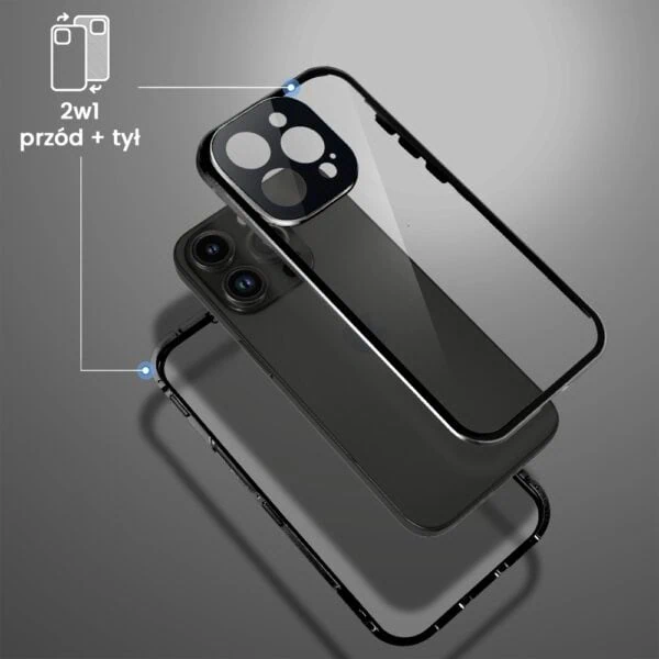 Obudowa do iPhone 14 Pro Max podwójna szyba i polerowane aluminium 360° magnetyczna, z osłoną aparatu, czarna (4)