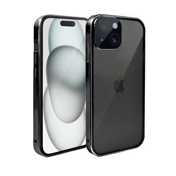 Obudowa do iPhone 15 Plus podwójna szyba i polerowane aluminium 360° magnetyczna, z osłoną aparatu, czarna (1)