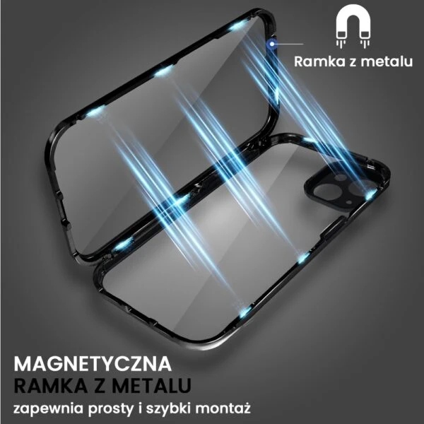 Obudowa do iPhone 15 Plus podwójna szyba i polerowane aluminium 360° magnetyczna, z osłoną aparatu, czarna (2)
