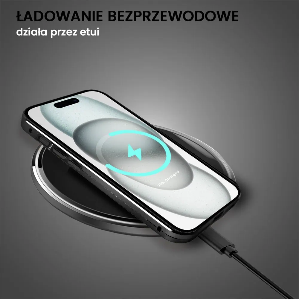 Obudowa do iPhone 15 Plus podwójna szyba i polerowane aluminium 360° magnetyczna, z osłoną aparatu, czarna