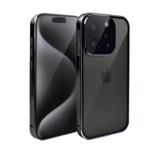 Obudowa do iPhone 15 Pro Max podwójna szyba i polerowane aluminium 360° magnetyczna, z osłoną aparatu, czarna (1)