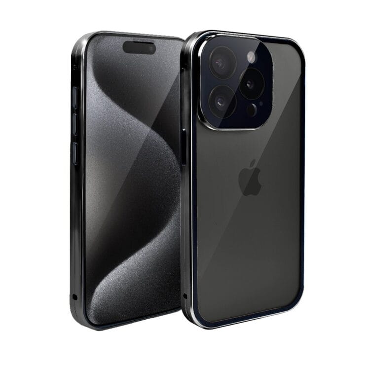 Obudowa do iPhone 15 Pro Max podwójna szyba i polerowane aluminium 360° magnetyczna, z osłoną aparatu, czarna (1)